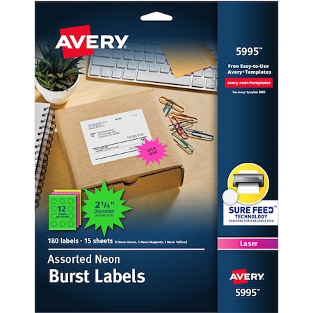 Avery Label, Neon, Perm, 2.25", Ast 180PK AVE5995